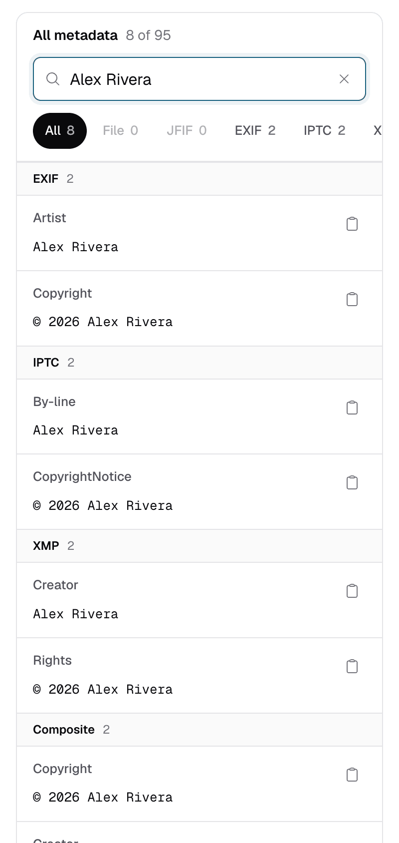 ExifMeta tag table searched for a creator name, showing the same credit in EXIF Artist, IPTC By-line, and XMP Creator