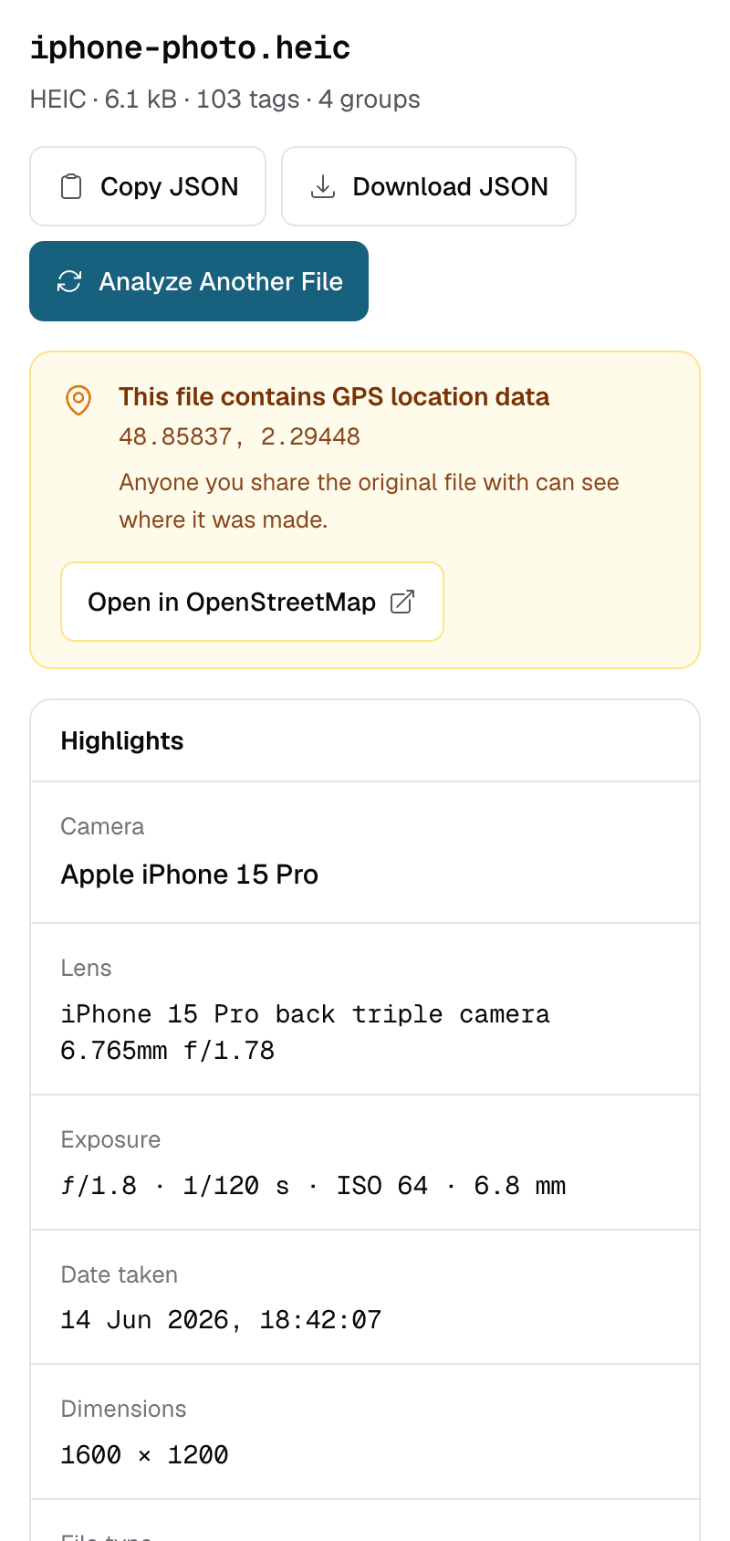 ExifMeta results for a sample iPhone HEIC photo with a GPS location banner and Highlights showing camera, lens, exposure, and date taken
