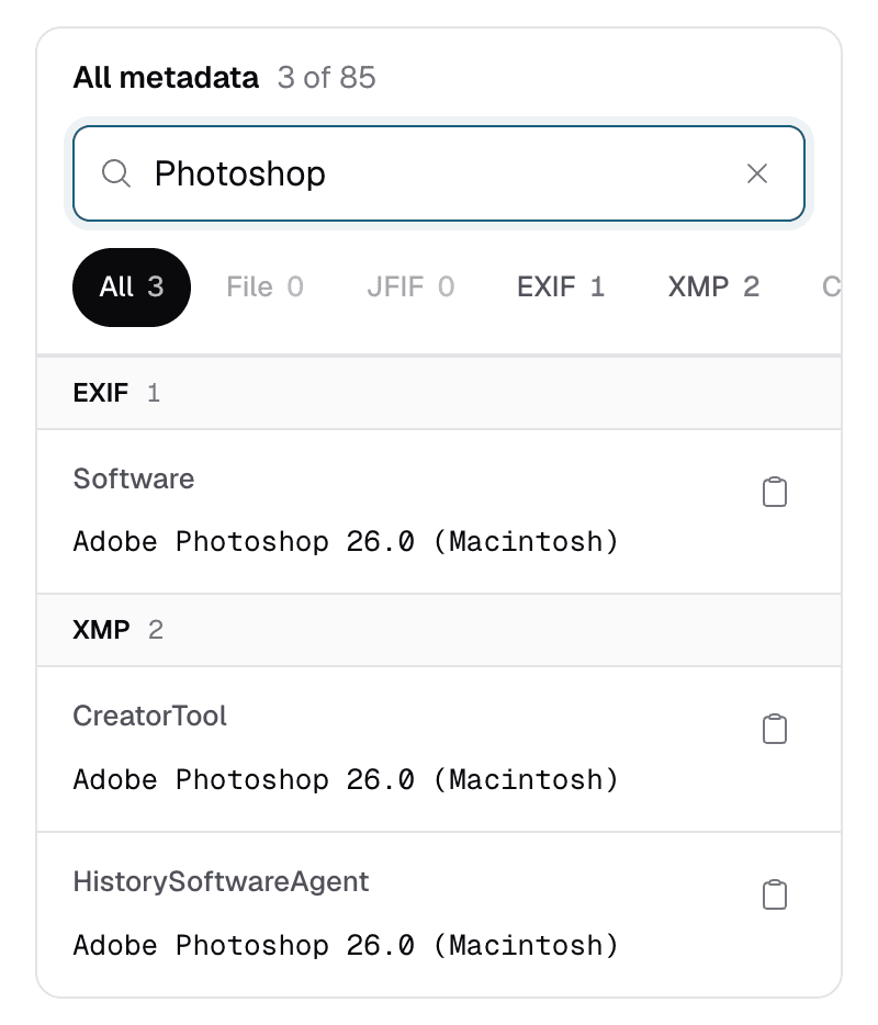 ExifMeta tag table searched for “Photoshop”, showing EXIF Software, XMP CreatorTool, and XMP HistorySoftwareAgent