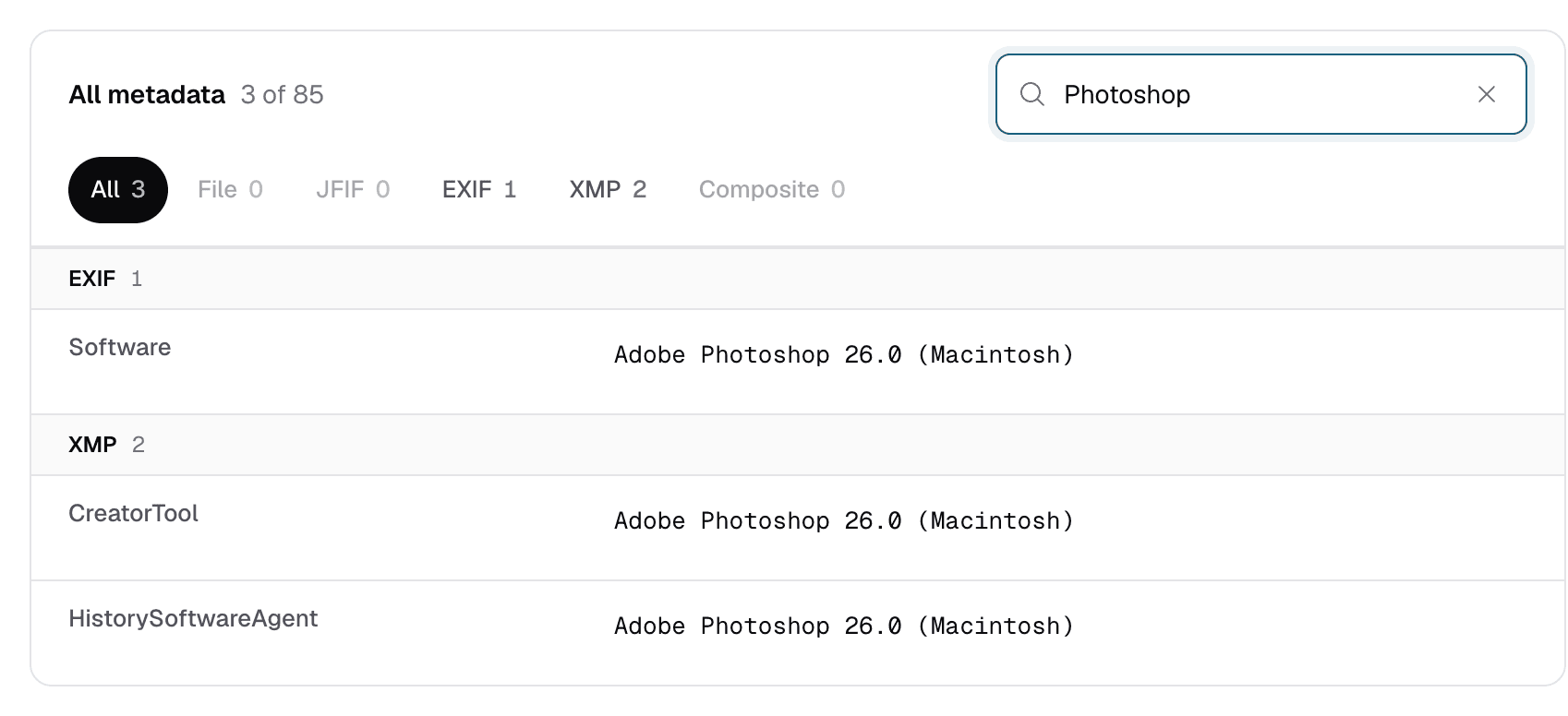 ExifMeta tag table searched for “Photoshop”, showing EXIF Software, XMP CreatorTool, and XMP HistorySoftwareAgent